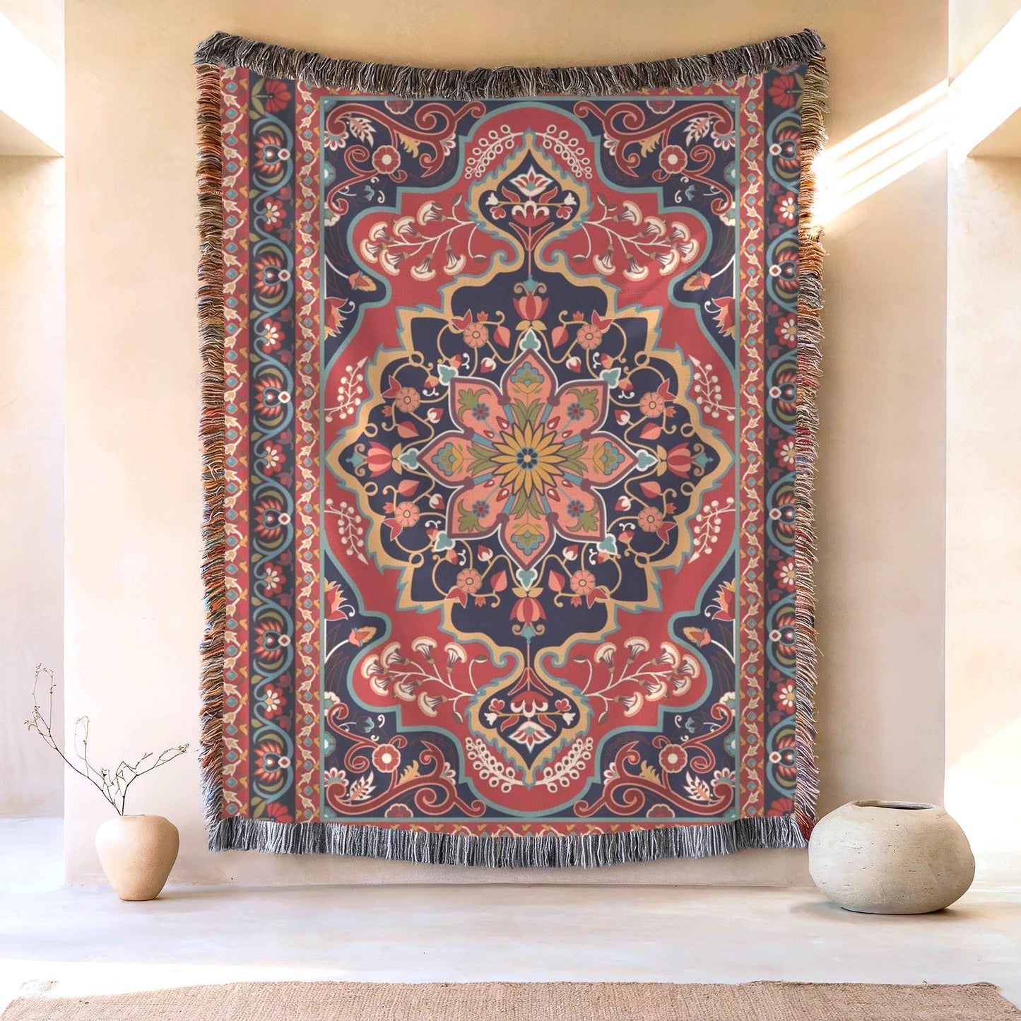 Caucasian Rug Inspired woven blanket with geometric pattern styled for layered home decor