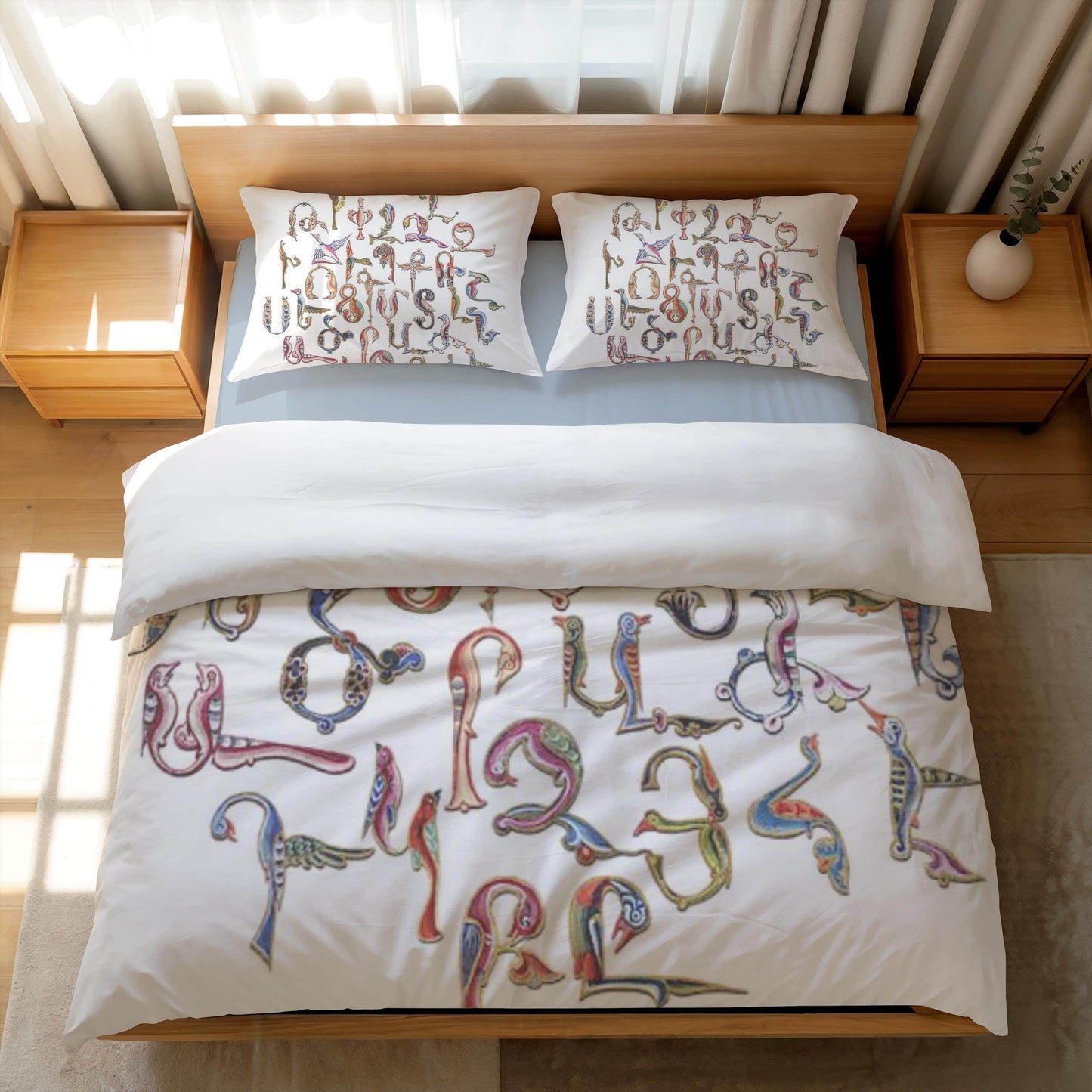 Armenian Alphabet Duvet Cover - Multicolor Bedding Set with Trchnagir Pattern & Zipper Closure - timelessbohochic.com