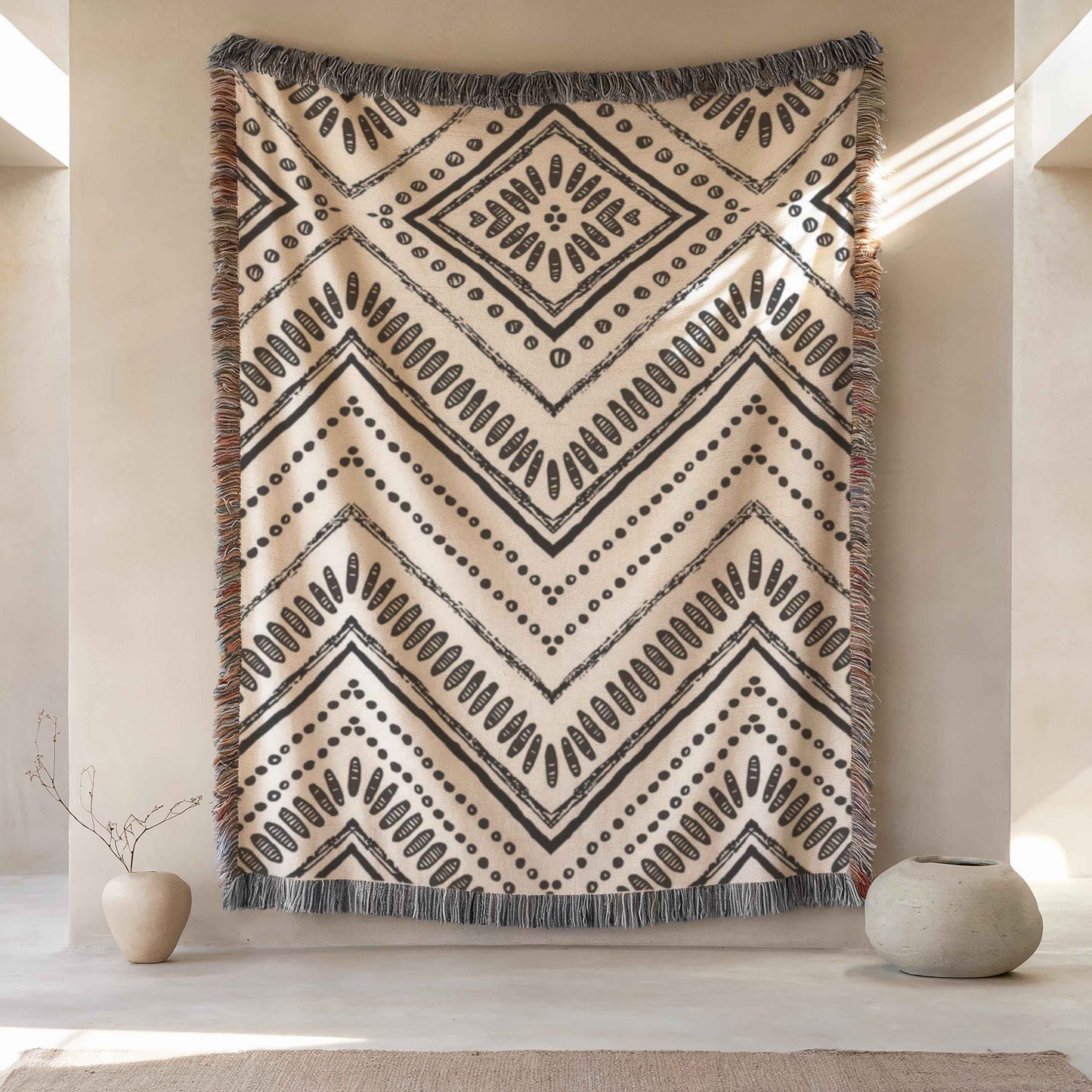 Modern Geometric pillow cover with geometric pattern styled on a sofa or bed