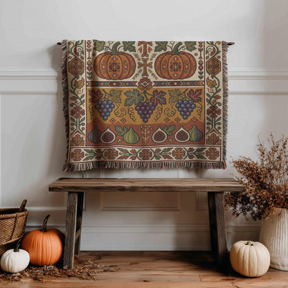 Grape and fig Ghapama blanket hung above a wooden bench with a basket