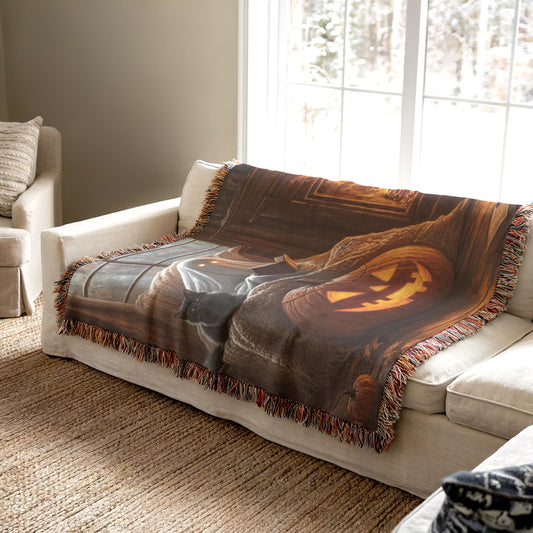 Halloween Living-Room Blanket – Cozy Fall Cotton Woven Throw with Black Cat Tapestry