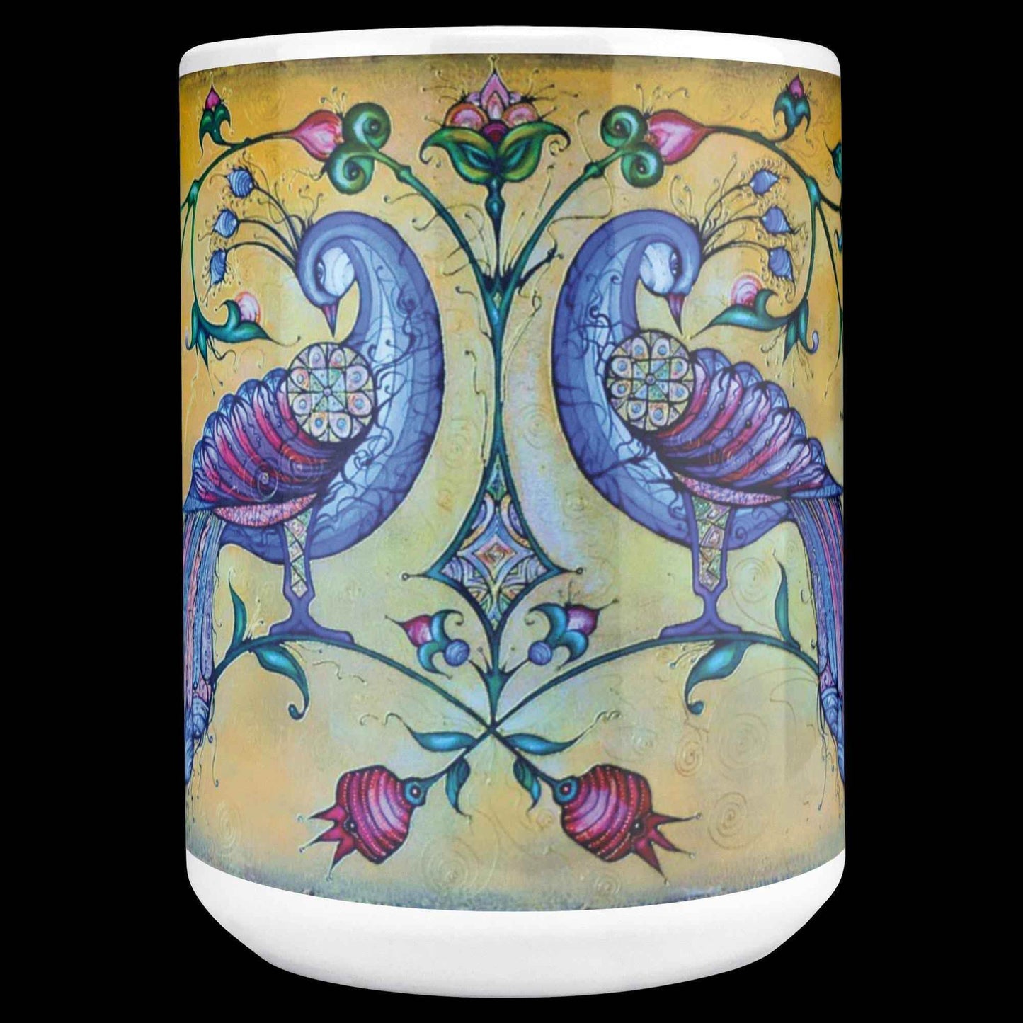 Armenian Birds Mug - Handpainted Ceramic Cup 11oz with Gold Accent Featuring Blue Bird Art - timelessbohochic.com