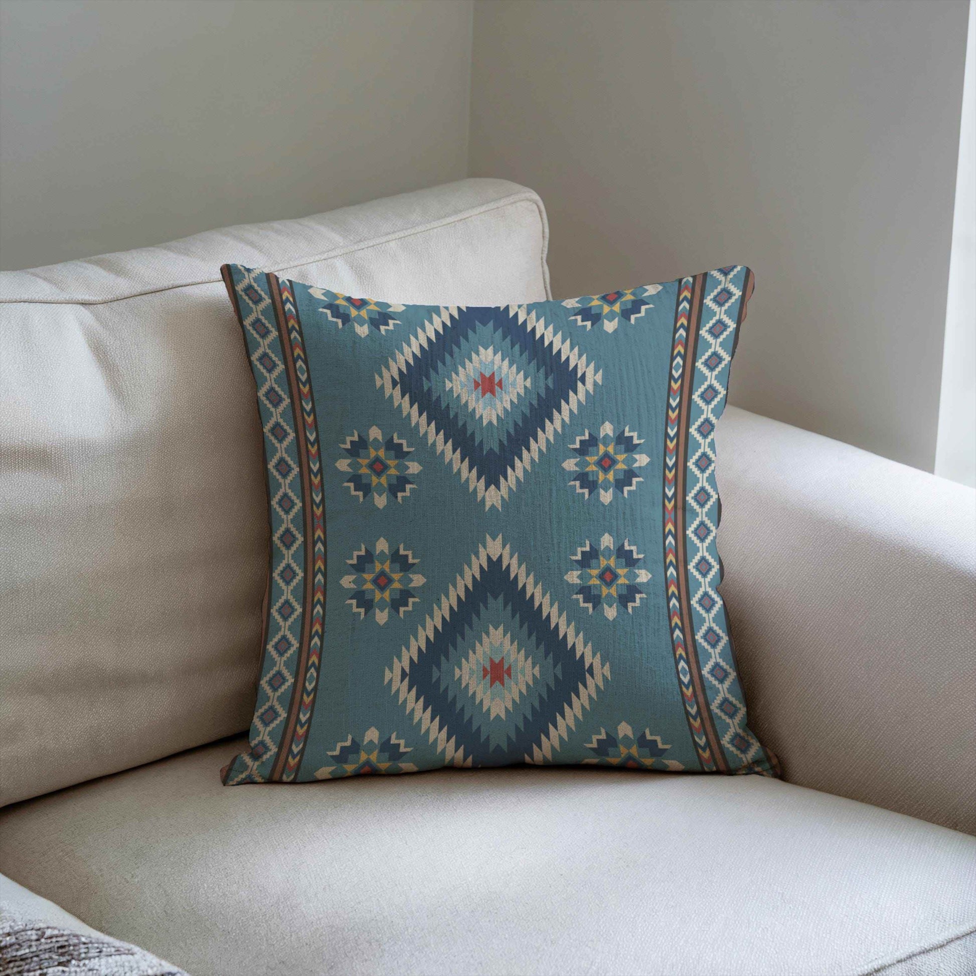 Rustic Navajo Pillow - Woven Cotton Ikat Pattern With Boho Fringe Cushion - timelessbohochic.com