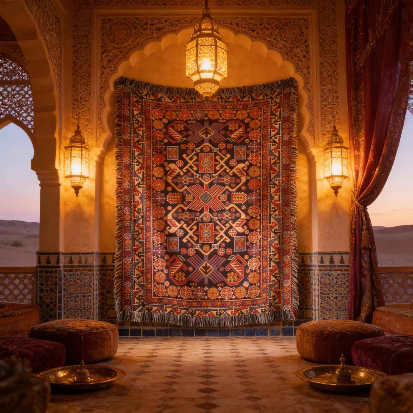 Anatolian Inspired woven wall tapestry with rug-style pattern styled as textile wall decor