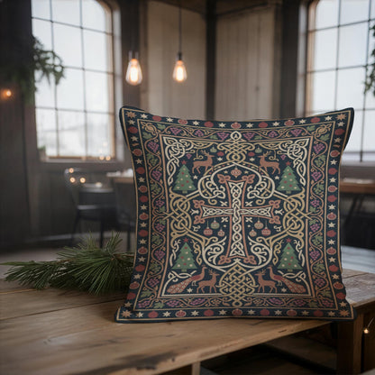 Close view of the Armenian cross pillow on a wooden table, showing the interlaced ornament
