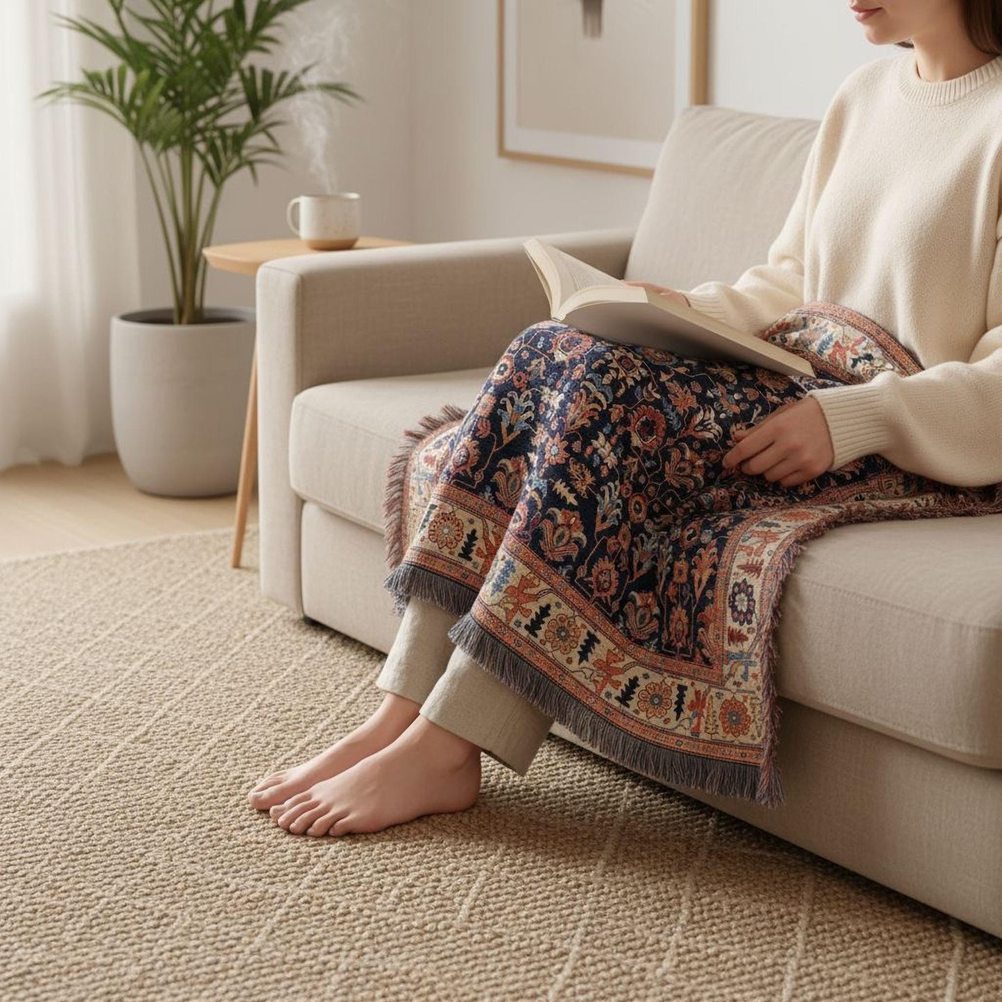 Caucasian Rug Inspired woven blanket with geometric pattern styled for layered home decor