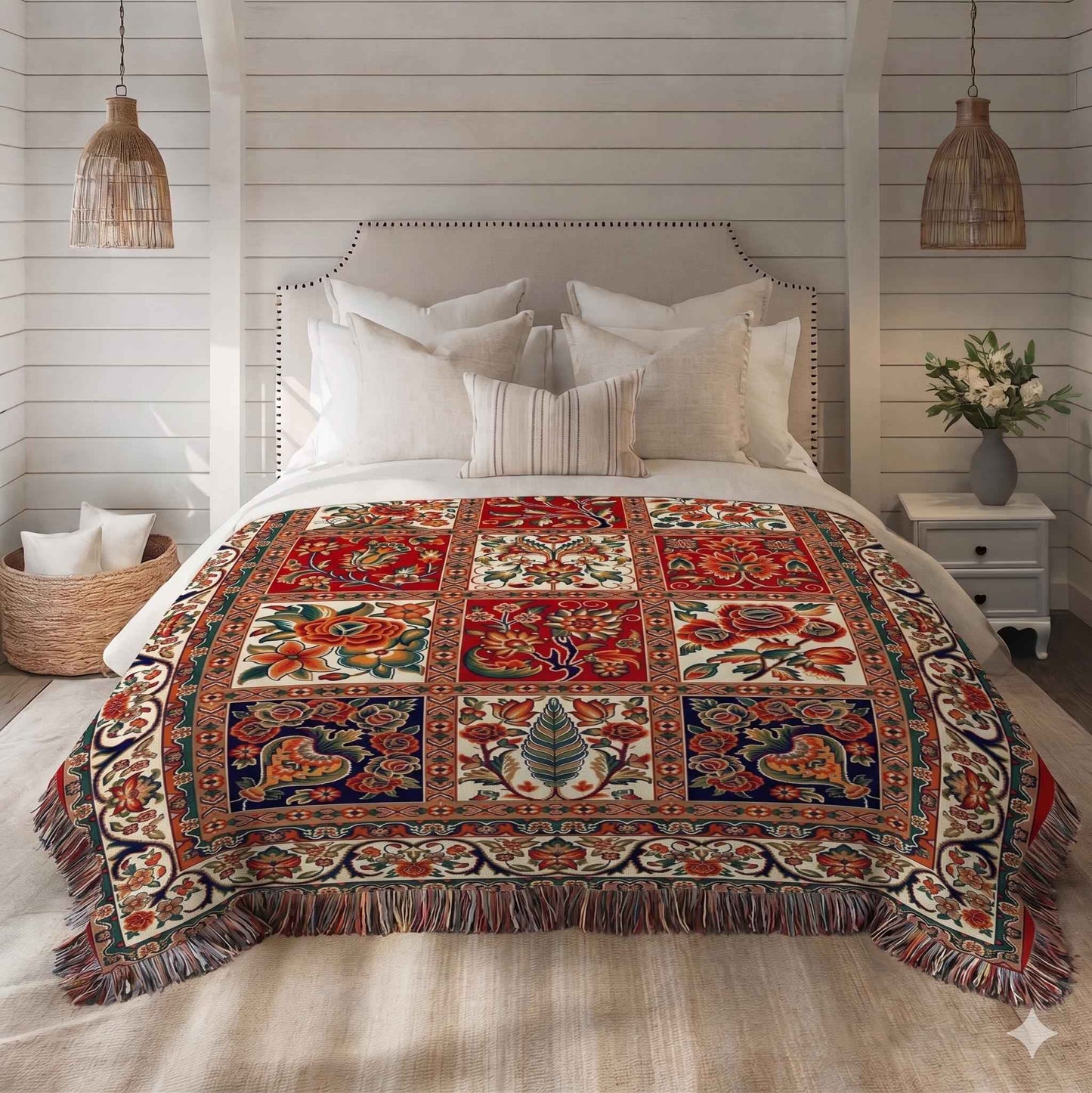 Caucasian Rug Inspired woven blanket with geometric pattern styled for layered home decor