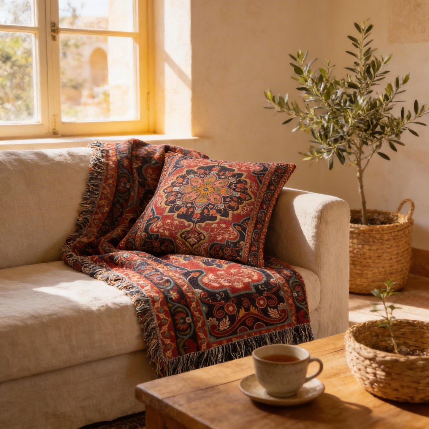 Anatolian Inspired throw pillow with rug-style pattern styled on a sofa or bed