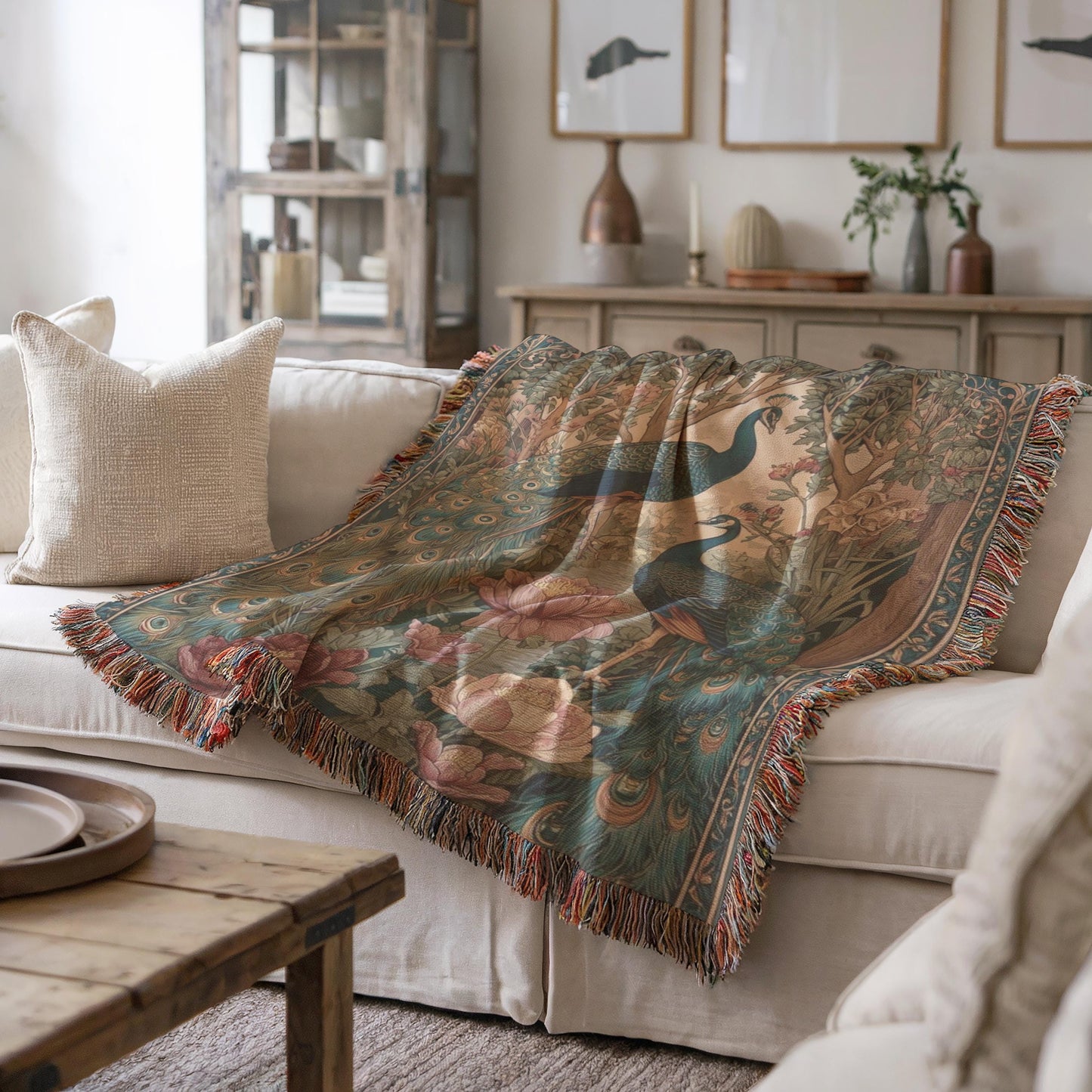 Modern Geometric woven blanket with geometric pattern styled for layered home decor