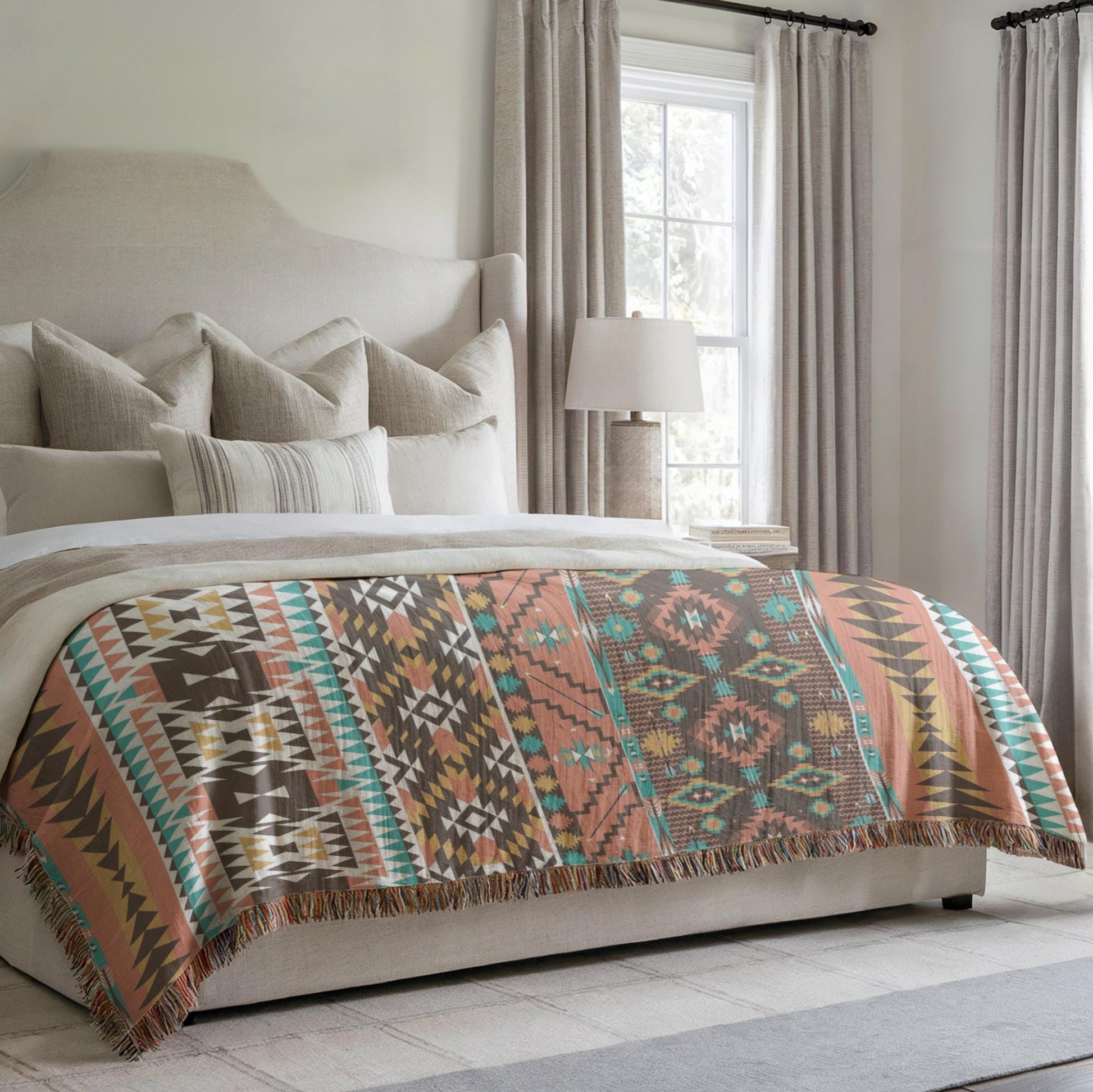 a cozy bedroom with a large bed featuring a colorful, patterned blanket. The bed is positioned against a window with curtains, and there is a lamp on a side table next to the bed.