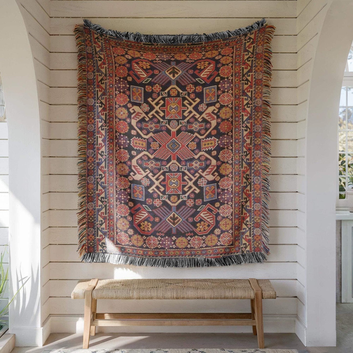 Anatolian Inspired woven wall tapestry with rug-style pattern styled as textile wall decor