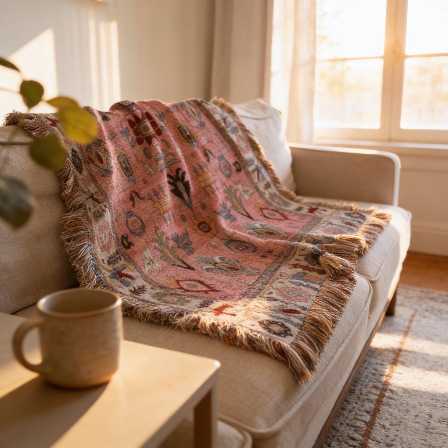 Anatolian Inspired woven blanket with rug-style pattern styled for layered home decor