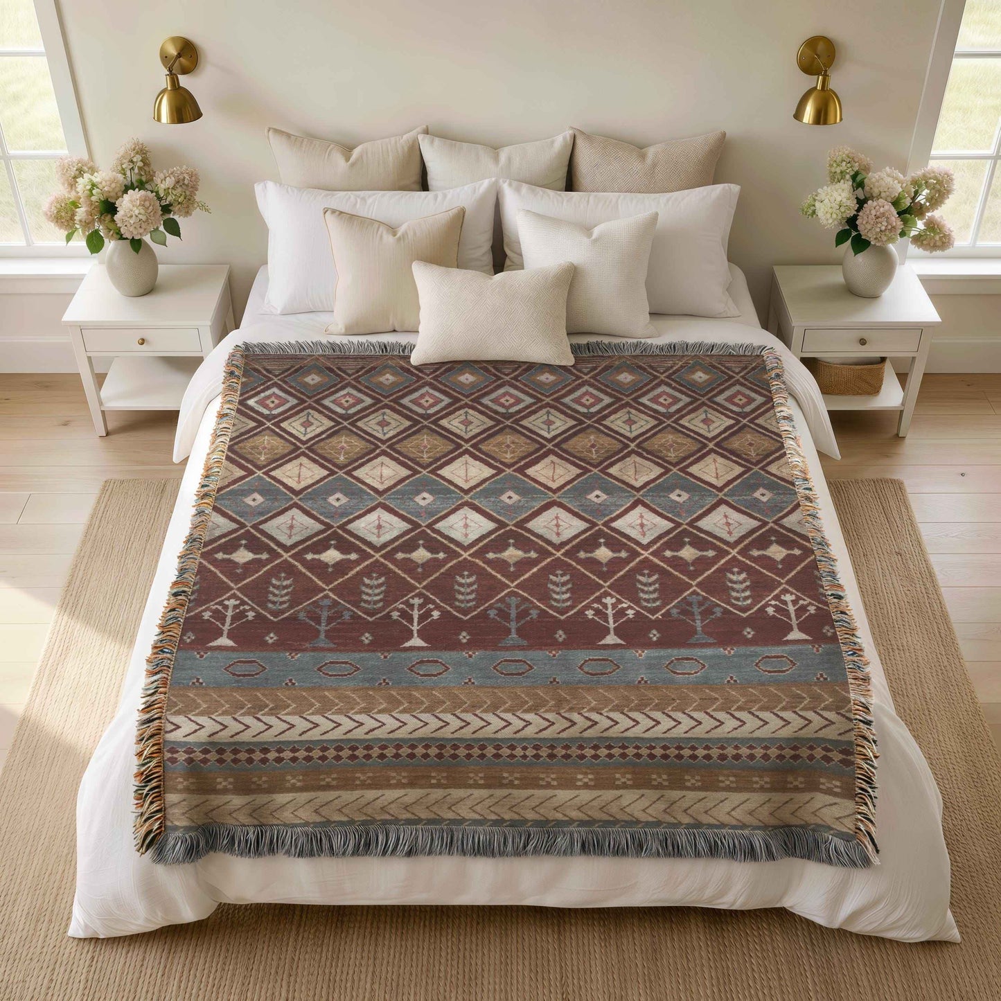Southwestern woven blanket with geometric pattern styled for layered home decor