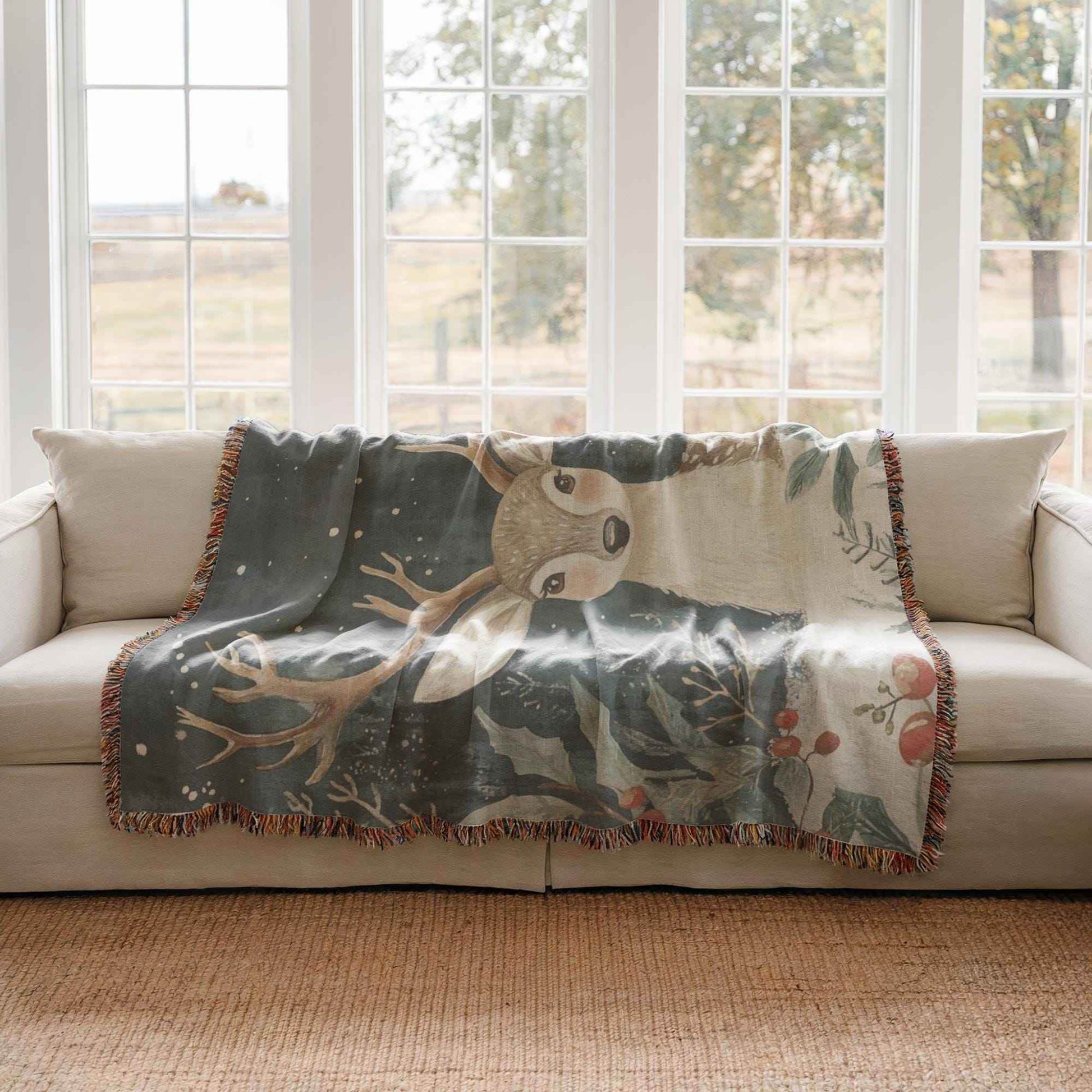 Woodland Animal Throw | Cozy Winter Blanket With Bambi & Holly Design - Rustic Cotton - timelessbohochic.com