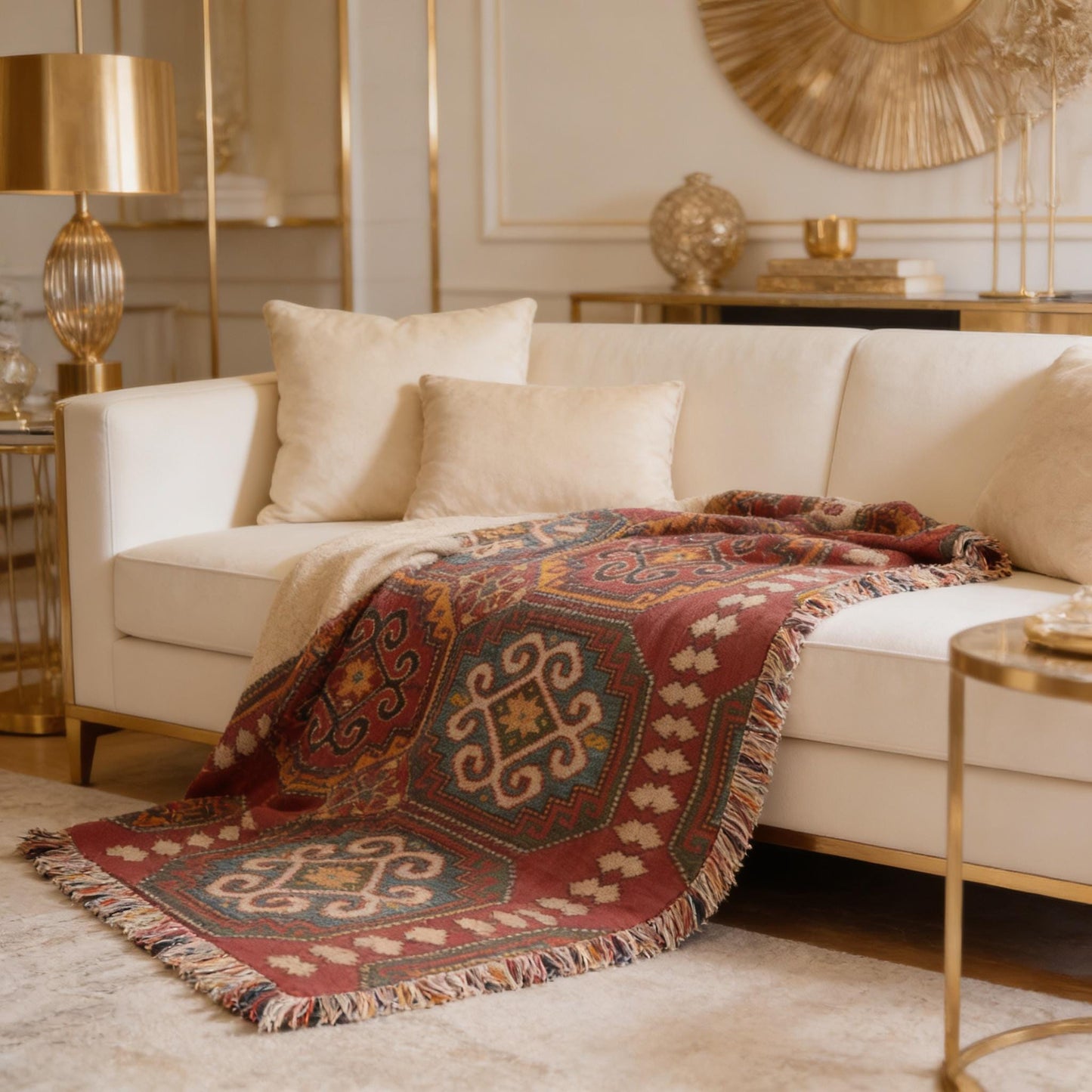 Caucasian Rug Inspired woven blanket with geometric pattern styled for layered home decor