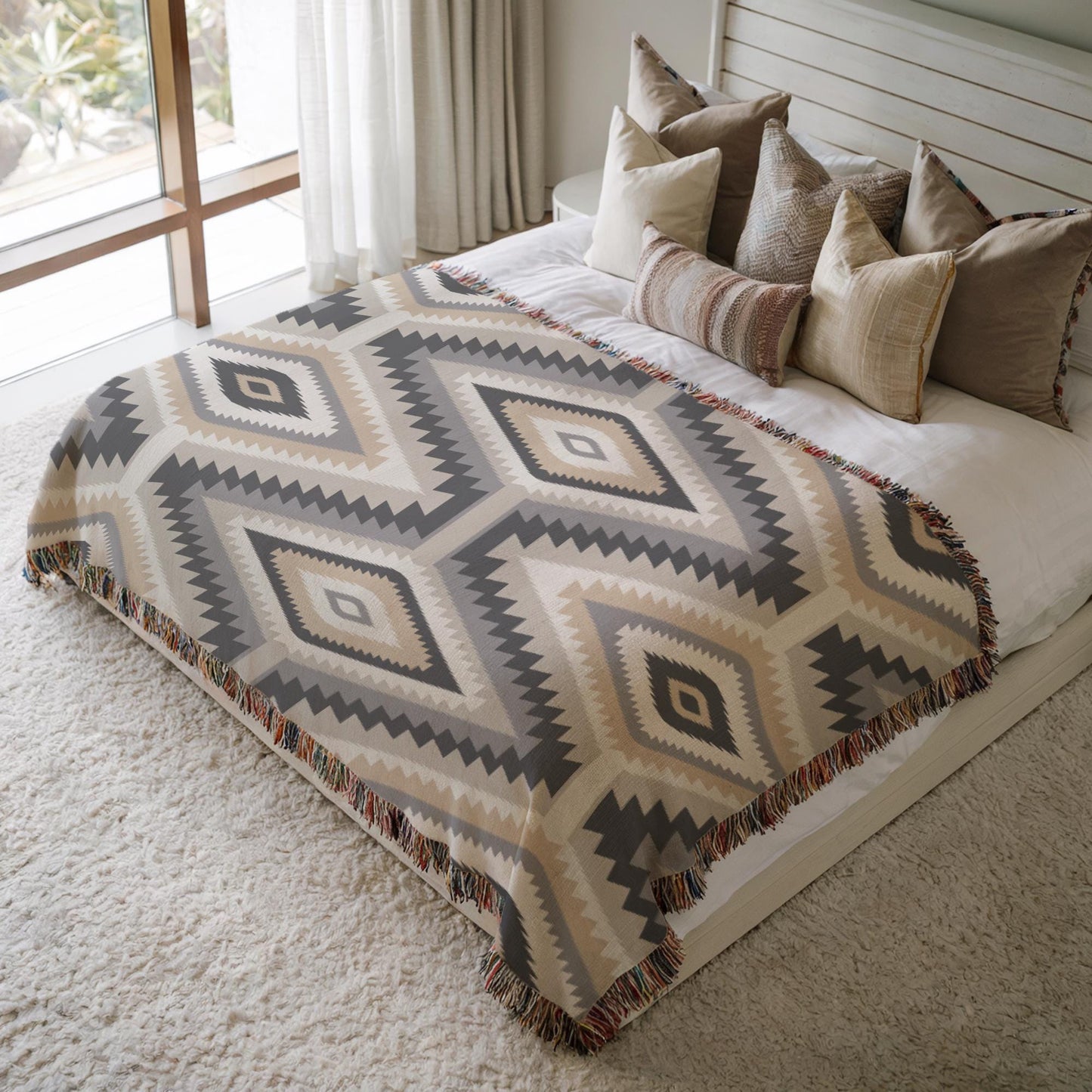 Southwestern woven blanket with geometric pattern styled for layered home decor