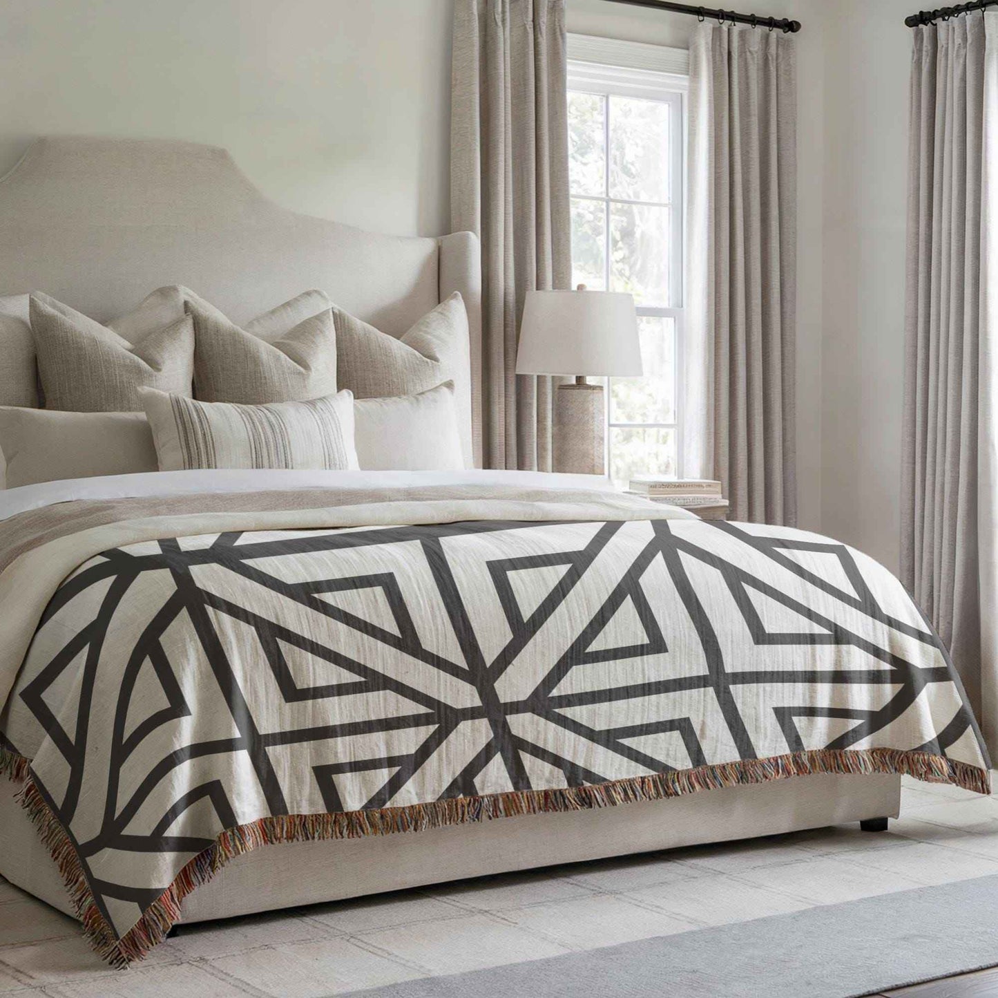 Modern Geometric woven blanket with geometric pattern styled for layered home decor