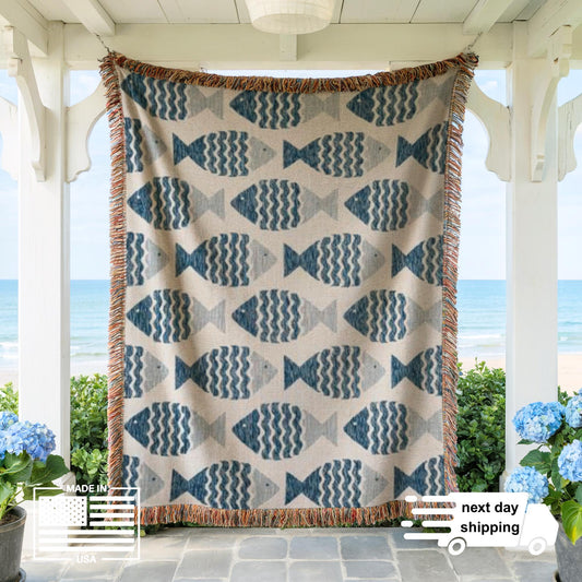 Coastal Boho Throw - Soft Cotton Throw Blanket With Nautical Fish Motif & Fringed Edges