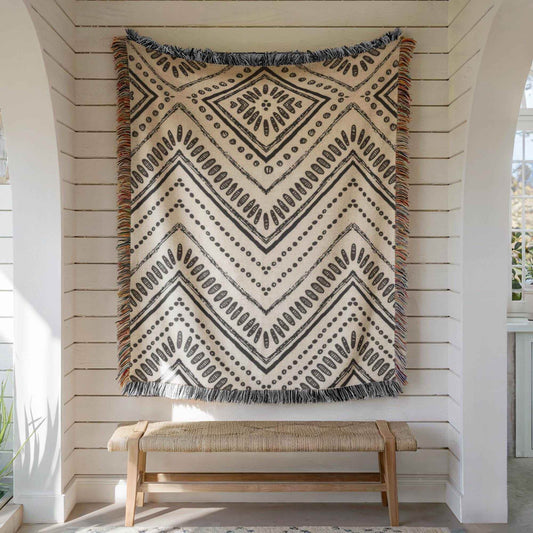Black White Woven Throw – Minimalist Tribal Ikat Design Cotton Blanket - timelessbohochic.com