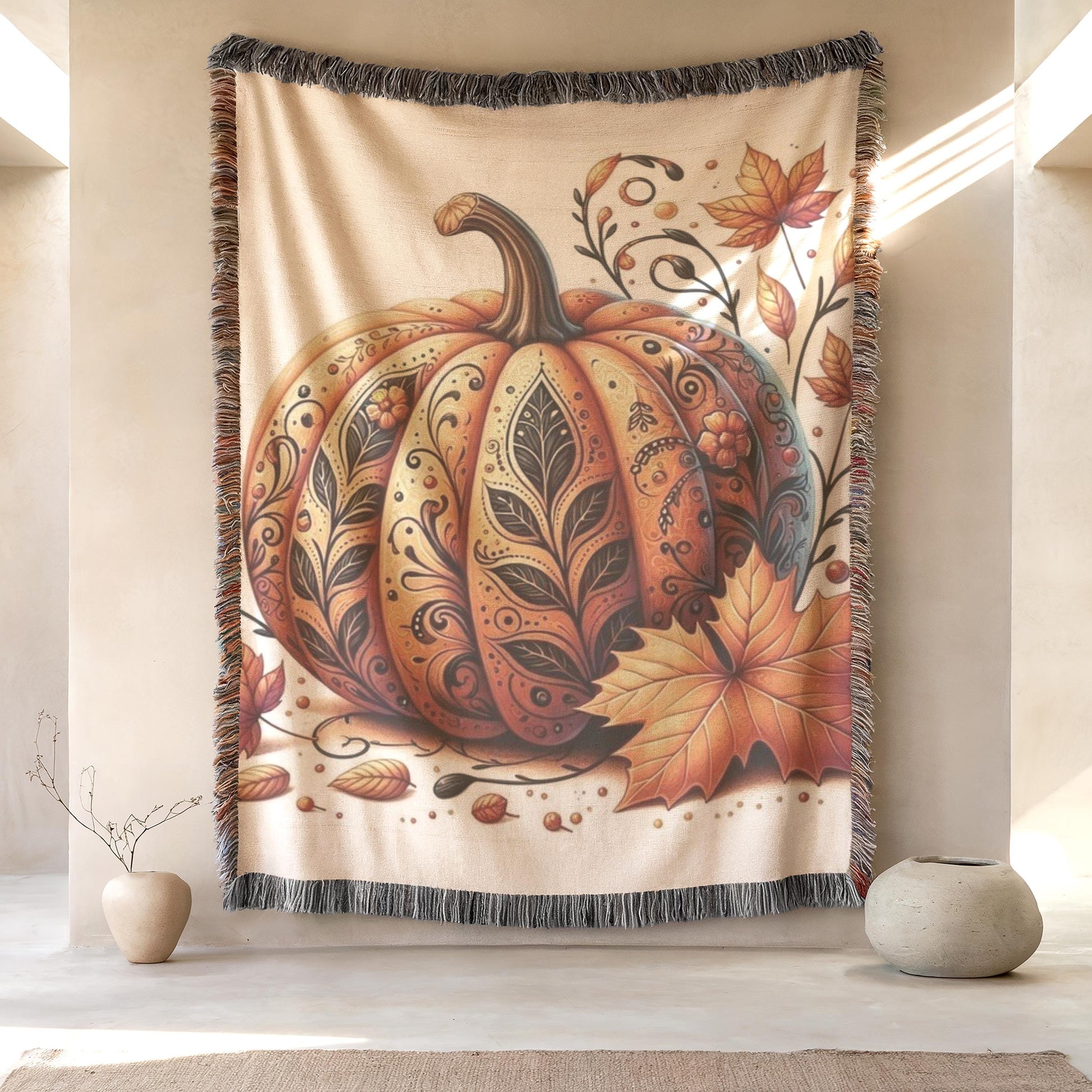 Thanksgiving Throw Tapestry - Pumpkin Wall Art | Cozy Fall Home Decor
