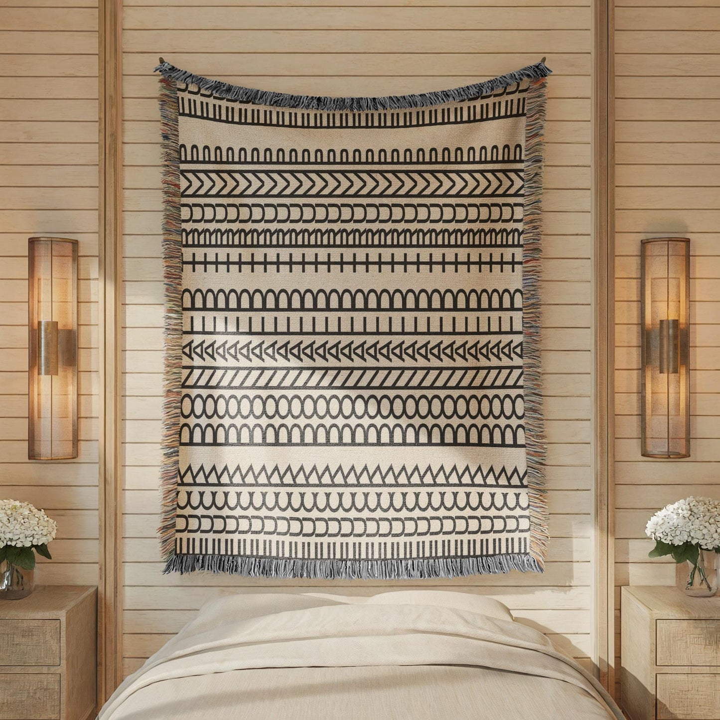 Modern Geometric woven blanket with geometric pattern styled for layered home decor