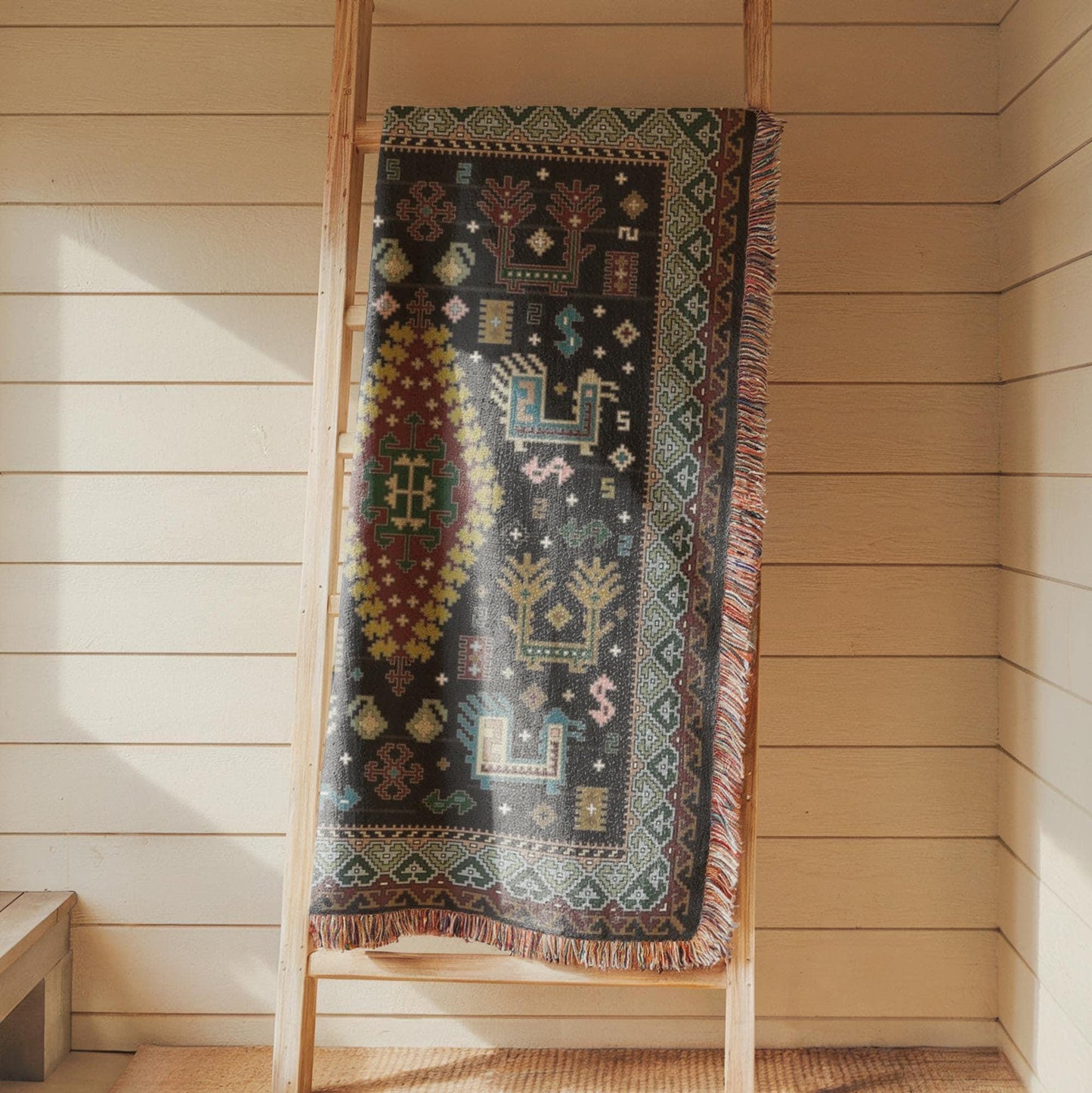 Caucasian Rug Inspired woven wall tapestry with geometric pattern styled as textile wall decor