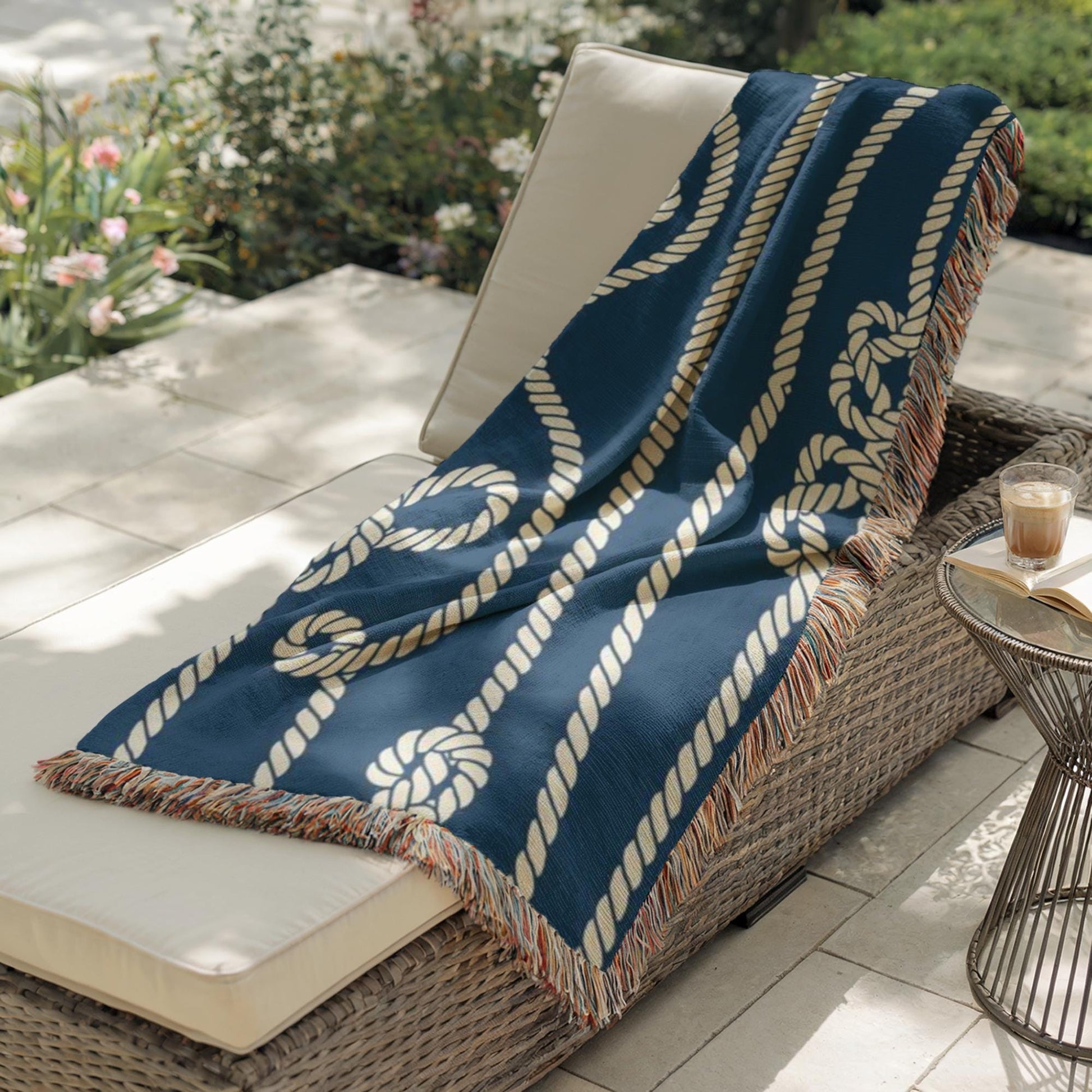 Marine Woven Blanket – Nautical Cord Throw With Colorful Fringed Edges