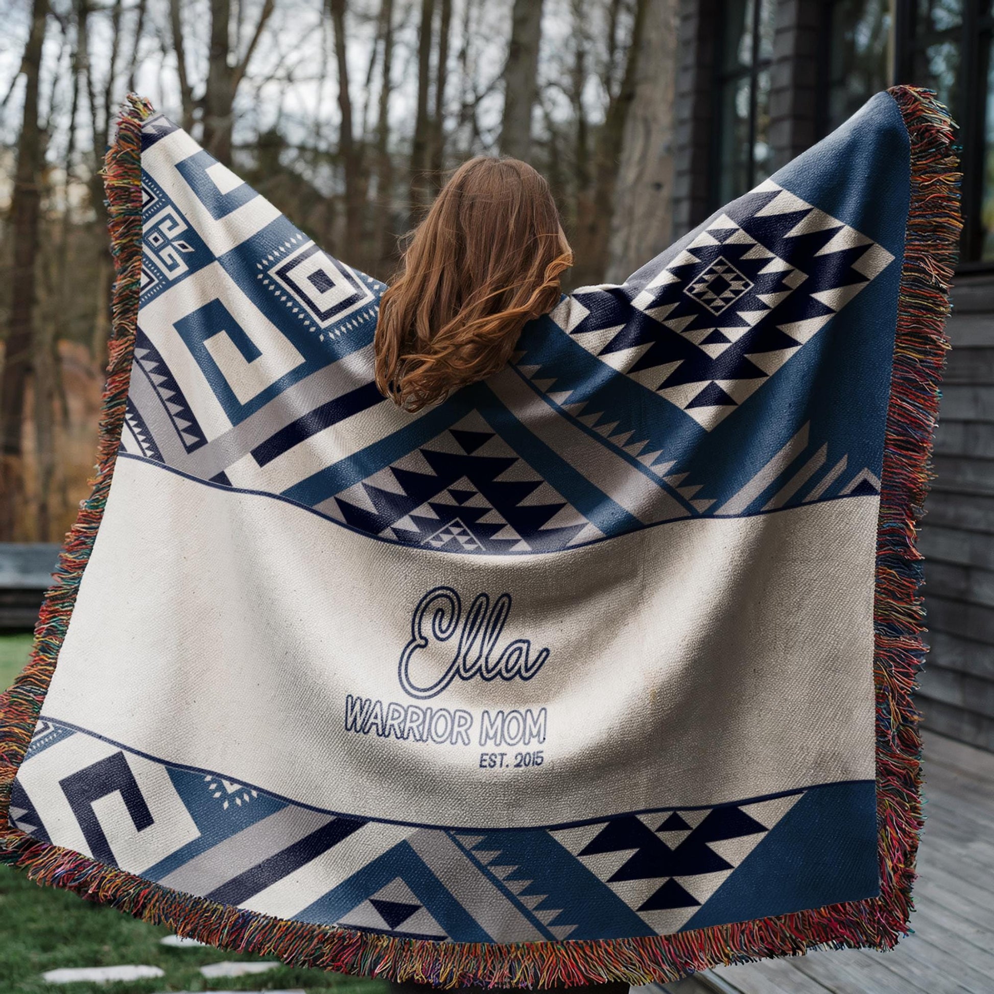 Personalized Woven Blanket – Aztec Pattern Throw | Outdoor Picnic Blanket with Colorful Fringed Edges
