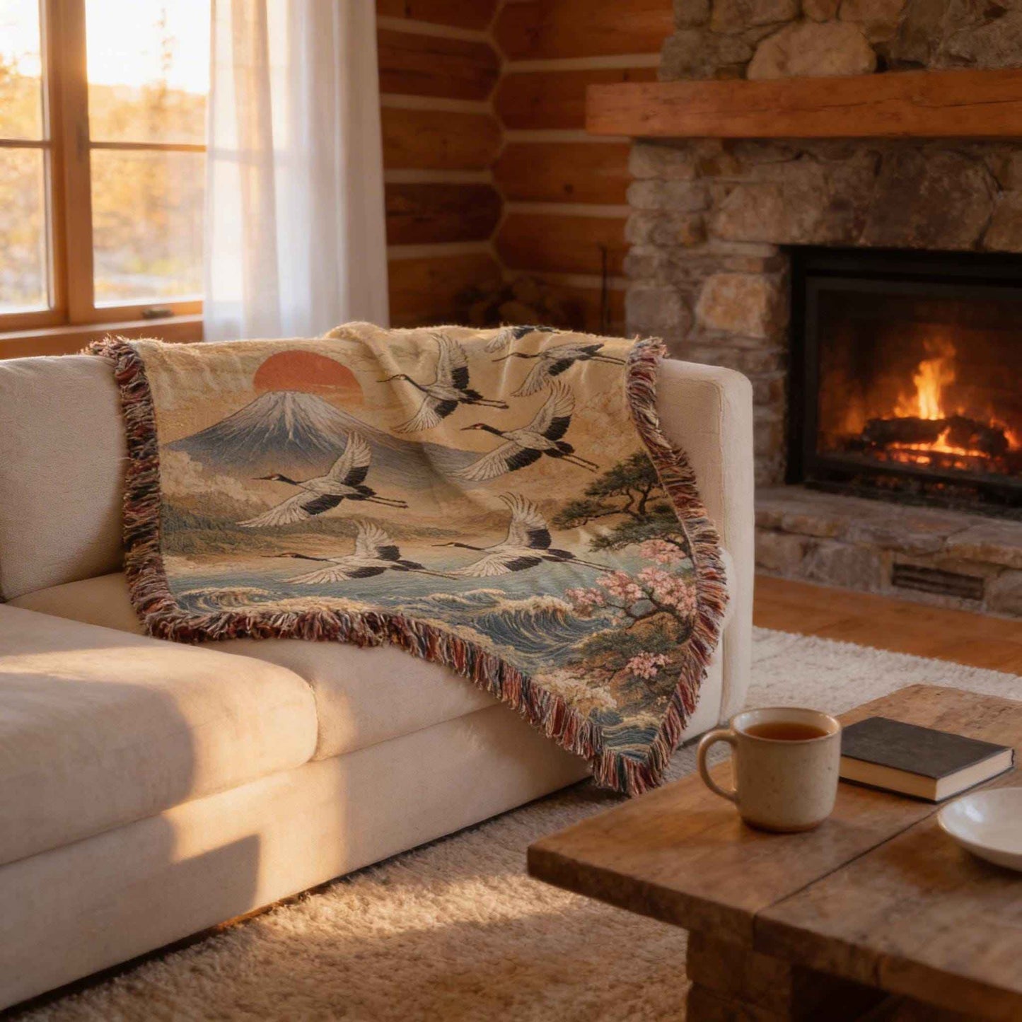 Modern Geometric woven blanket with geometric pattern styled for layered home decor