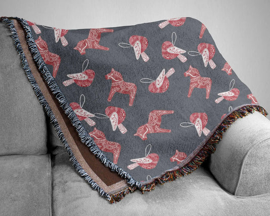 Scandi Cotton Blanket - Cozy Scandinavian Throw with Dala Horse & Bird Pattern, Fringe Edge