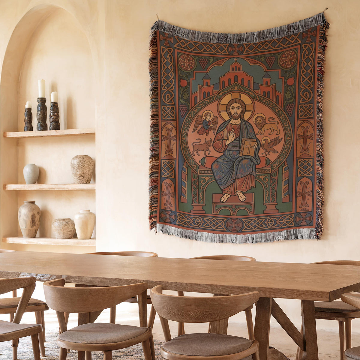 Christ Pantocrator tapestry above a wooden dining table beside shelves of vases