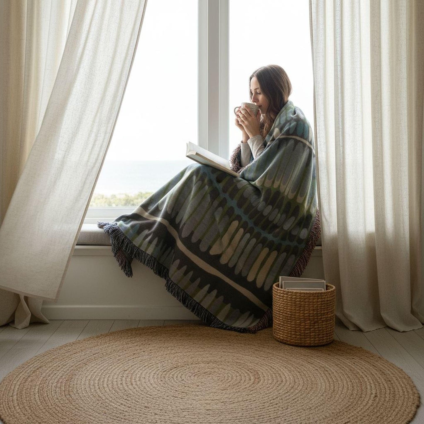 Modern Geometric woven blanket with geometric pattern styled for layered home decor
