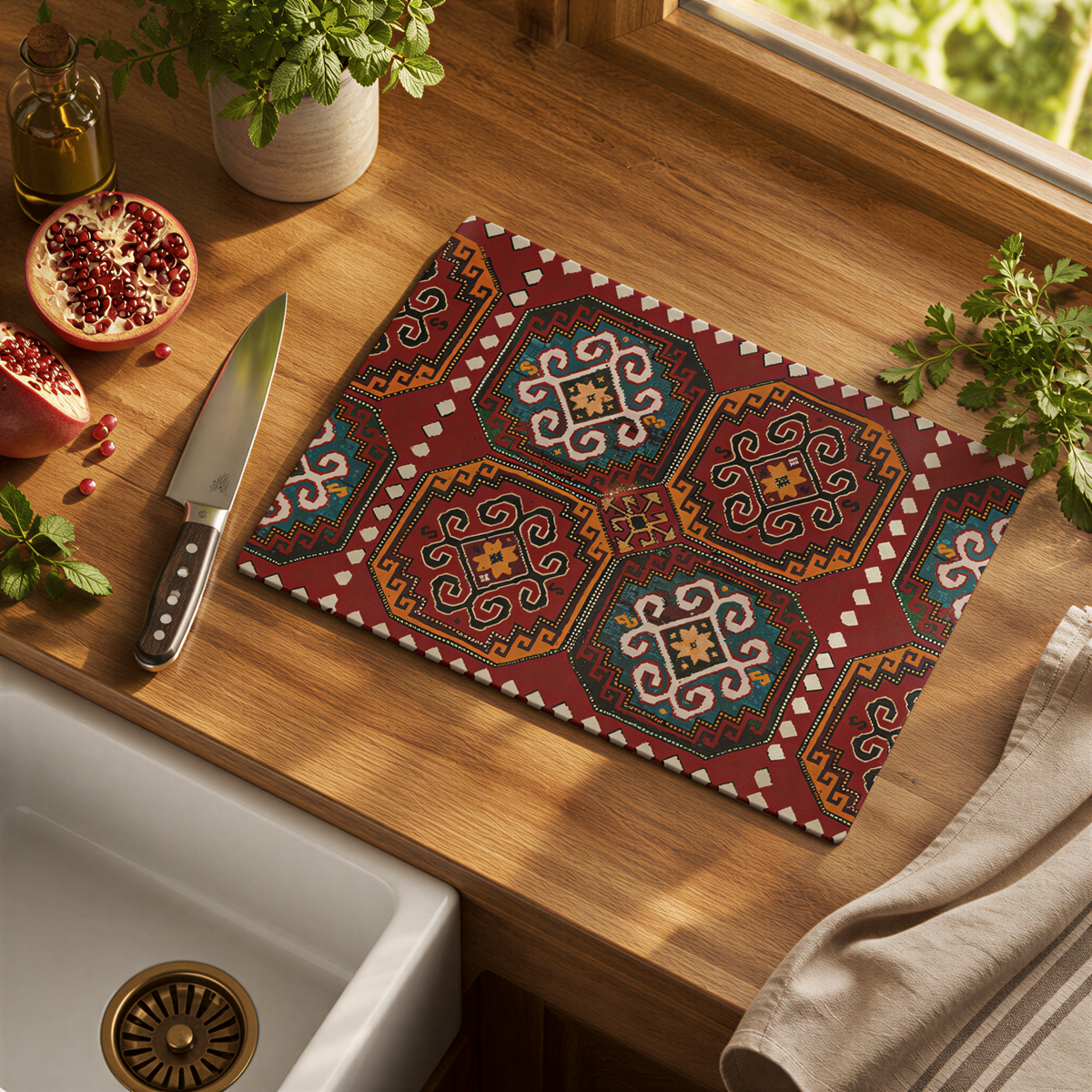 Armenian rug glass cutting board in deep red on a wood counter beside a sink, with a knife and a pomegranate