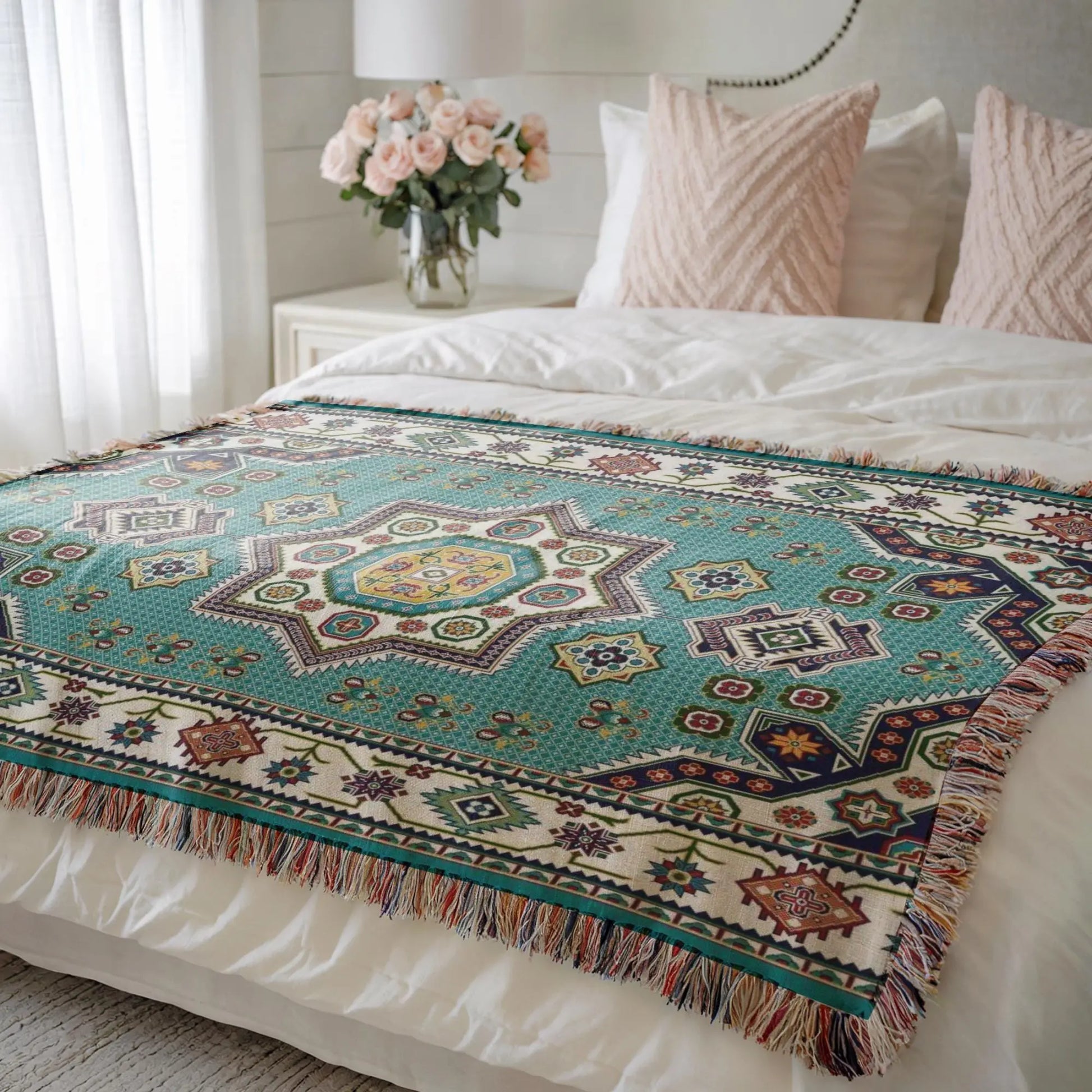 Cotton Throw Blanket - Persian Rug Throw with Pink Green Blanket, Boho Woven Bedspread