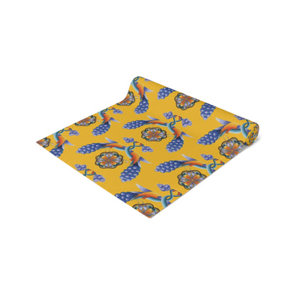 Yellow Armenian bird table runner shown on a dining table