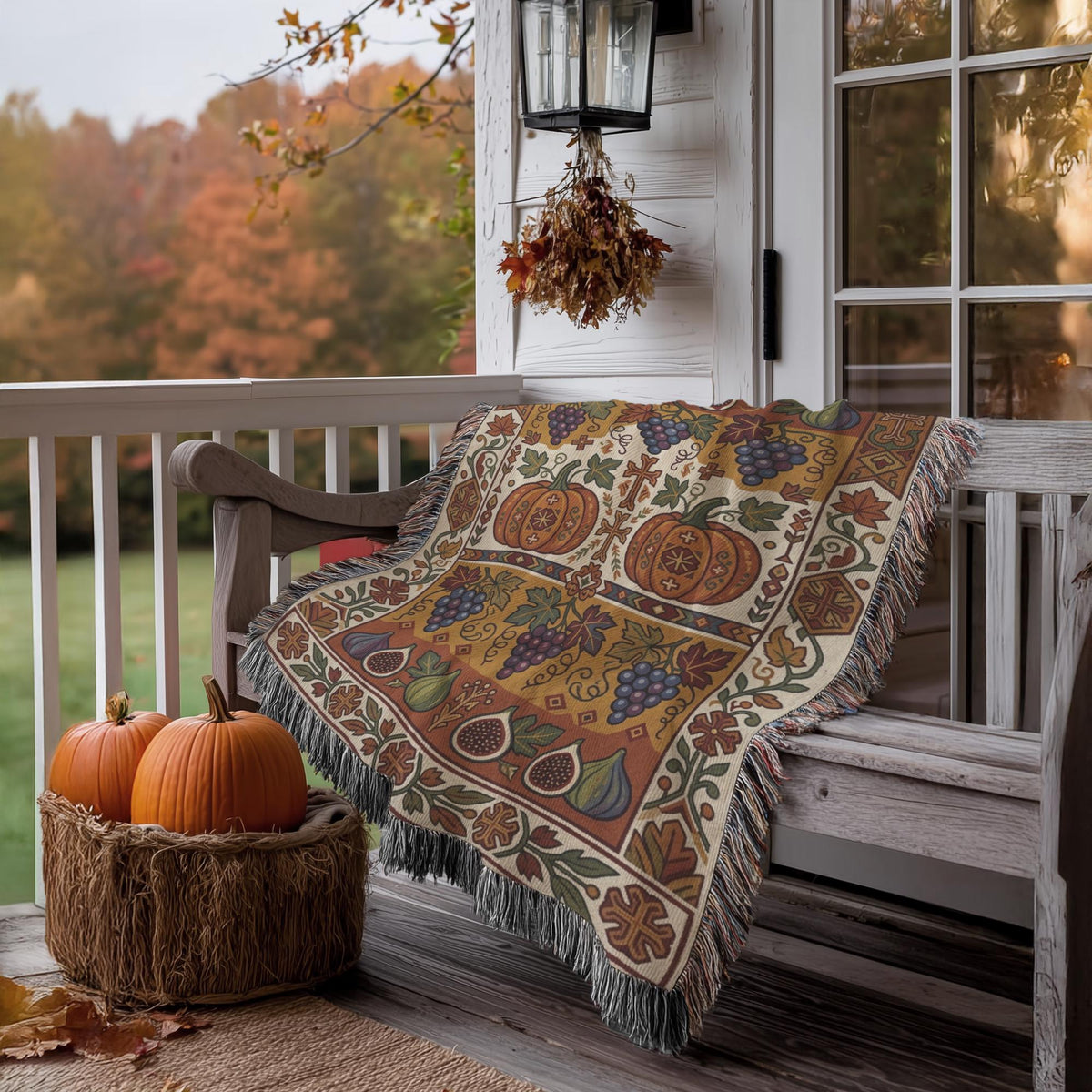 Armenian harvest throw blanket with grapes and figs on a porch bench beside a basket of pumpkins