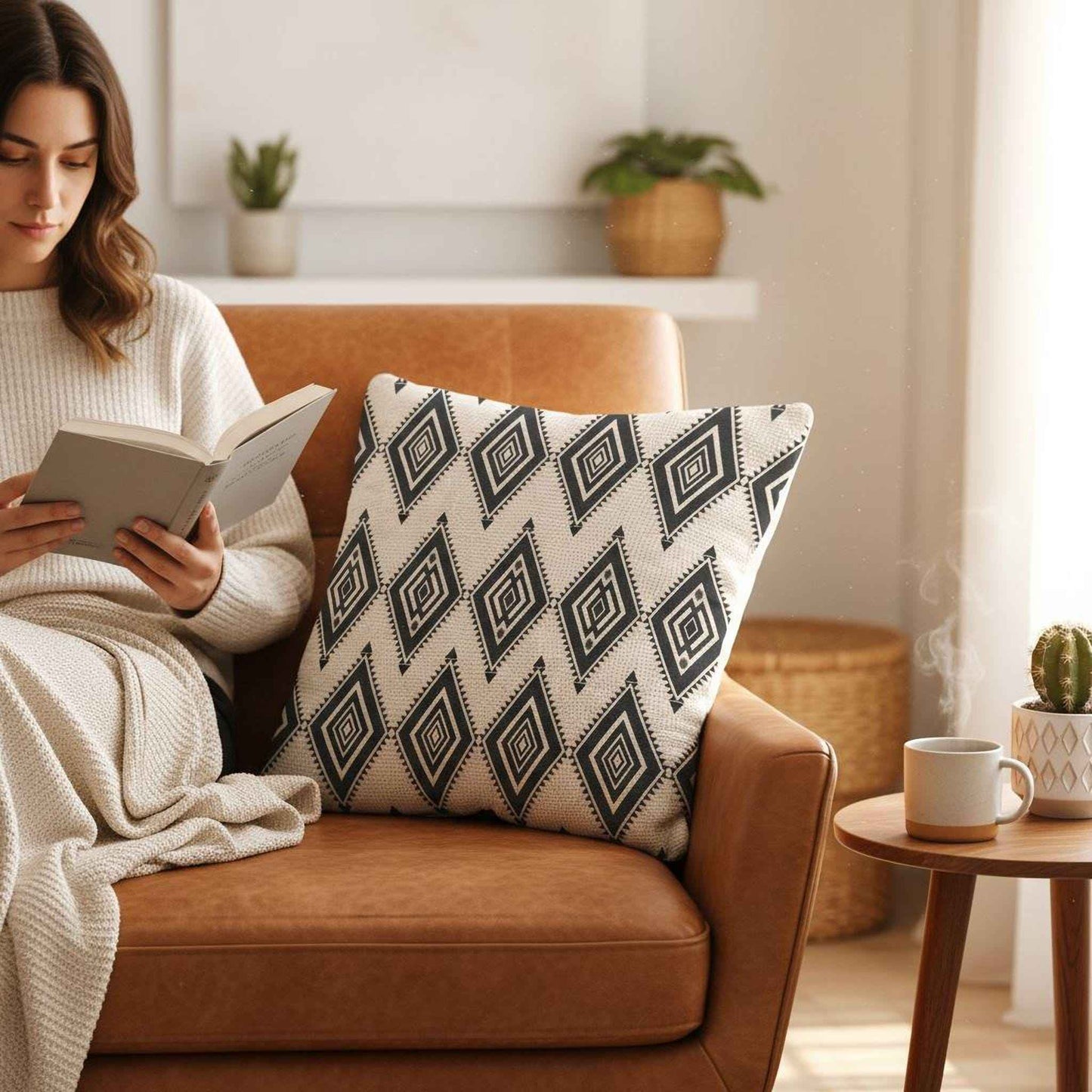 Southwestern throw pillow with geometric pattern styled on a sofa or bed