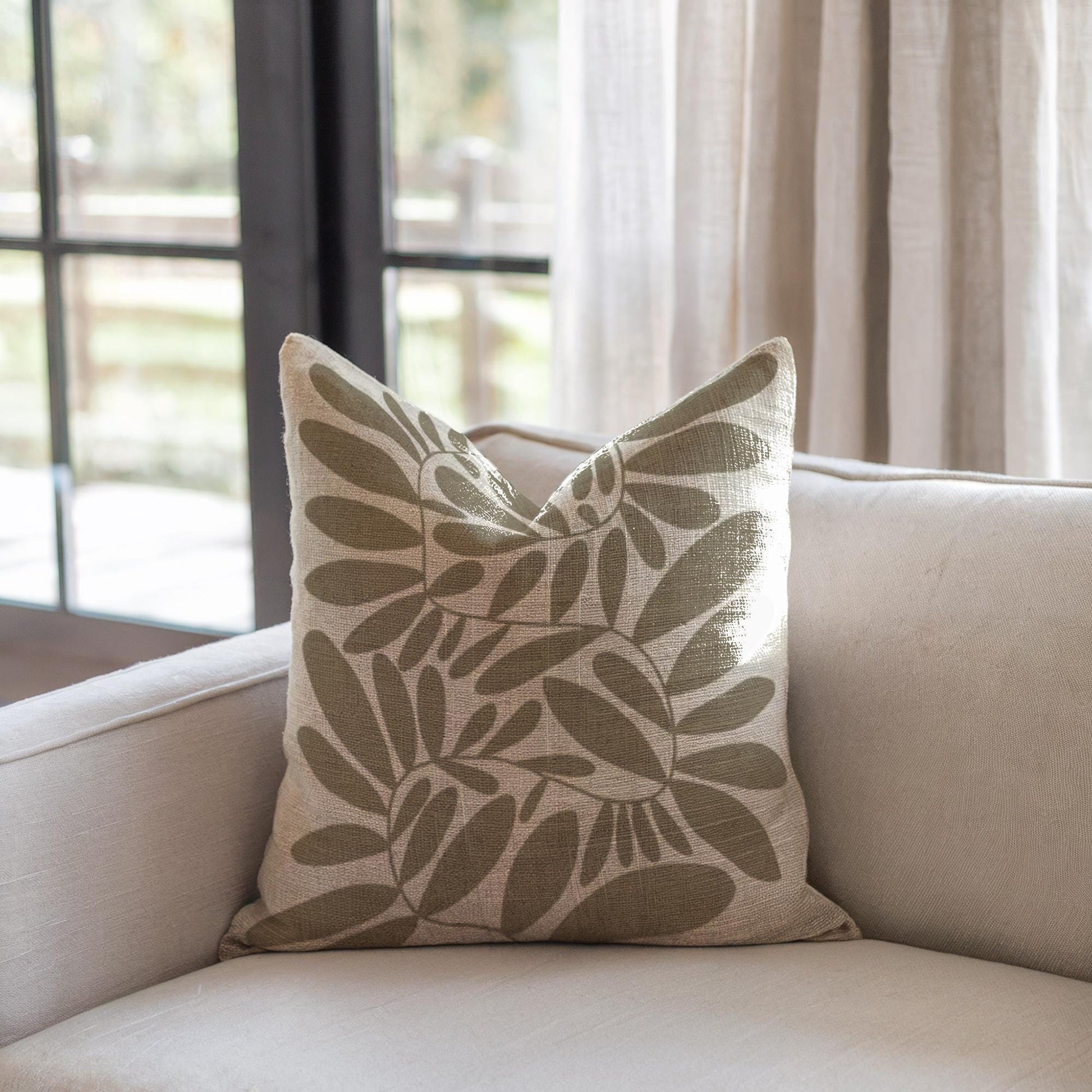 Woven Pillow - Mid Century Cushion with Scandi Leaves Pattern | Durable Cotton Blend