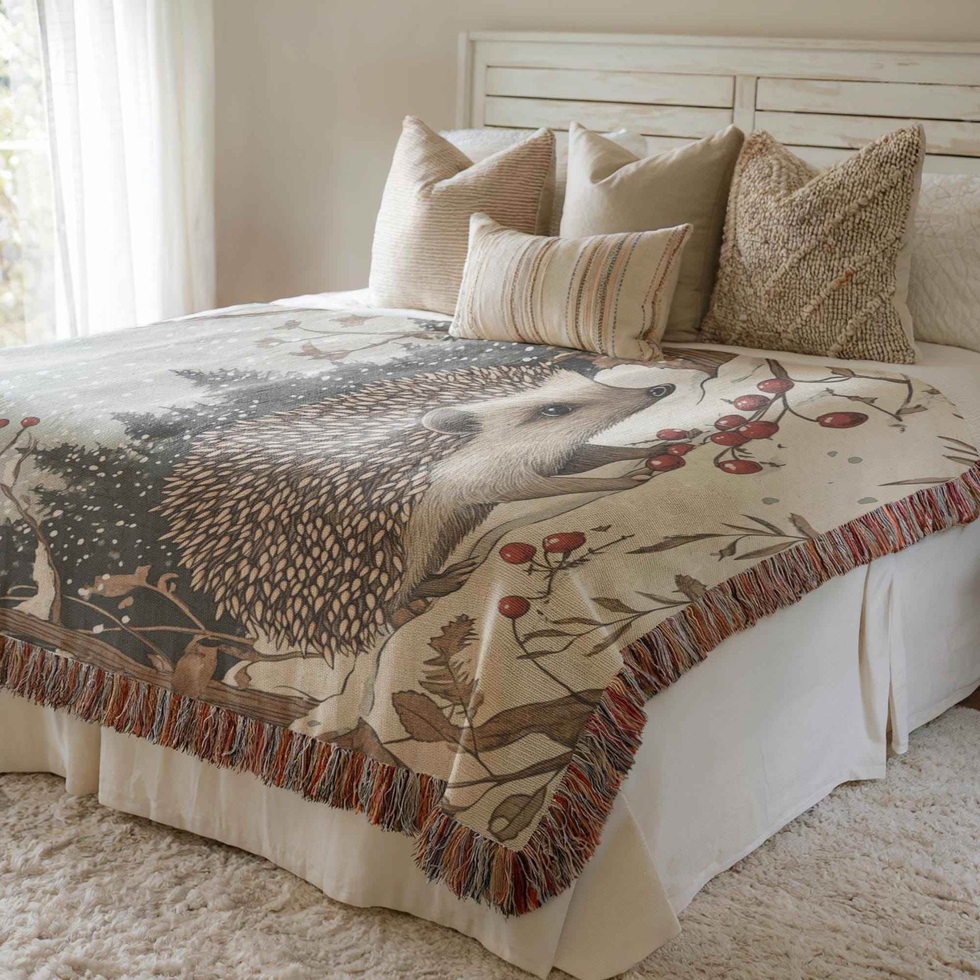 Hedgehog Bed Blanket – Cozy Cotton Throw with Festive Woodland Animal Design - timelessbohochic.com