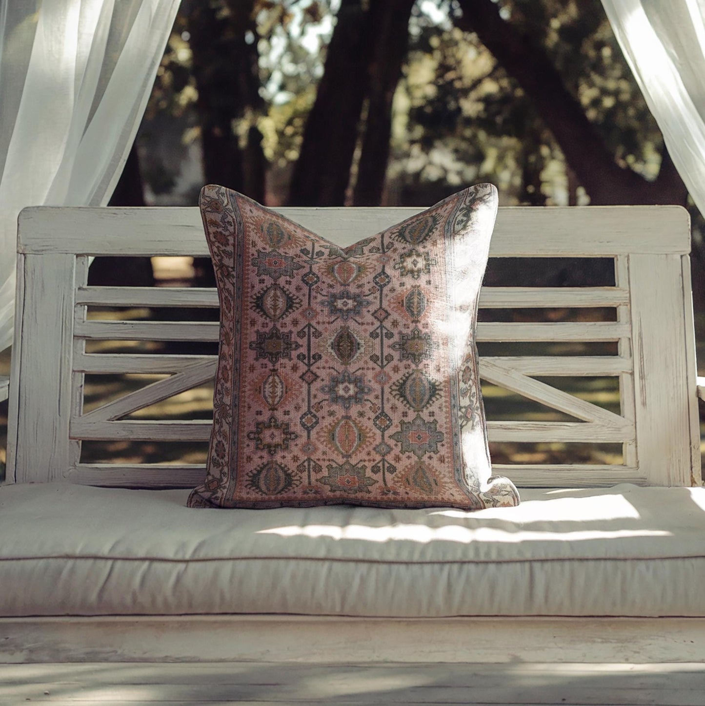 Anatolian Inspired throw pillow with rug-style pattern styled on a sofa or bed