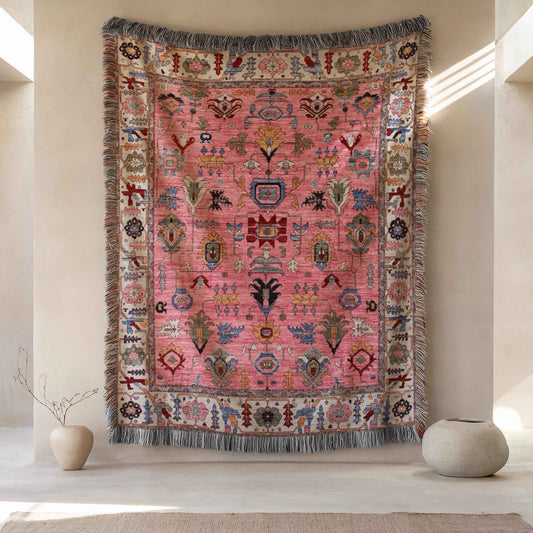 Anatolian Inspired woven blanket with rug-style pattern styled for layered home decor