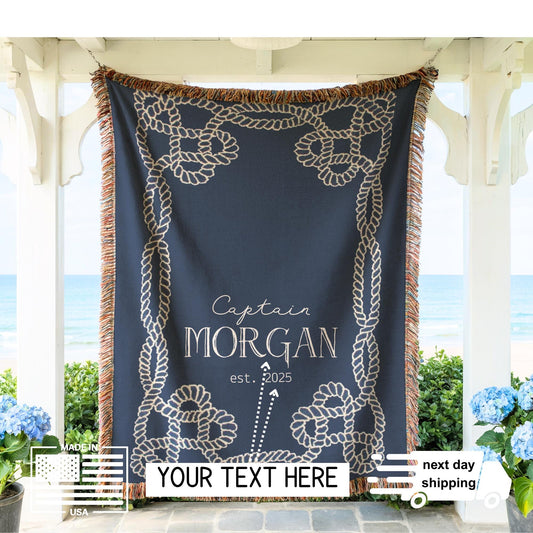 Marine Captain Blanket – Personalized Cotton Throw With Nautical Rope Knot Design