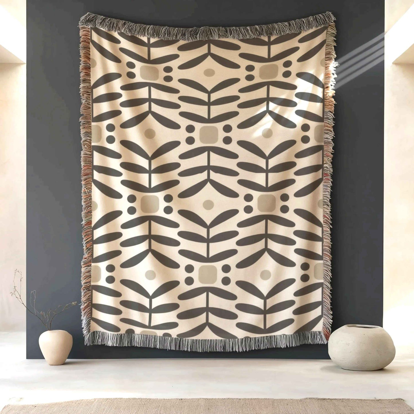 Scandinavian Inspired woven blanket with woven pattern styled for layered home decor
