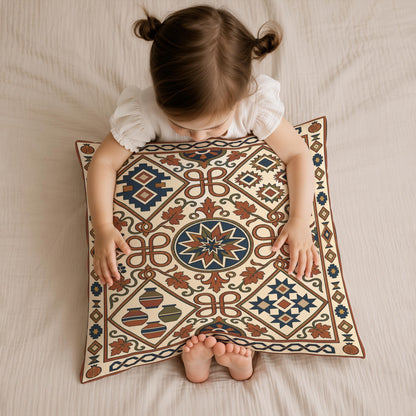 Rust and teal geometric woven throw pillow in a kilim-style pattern