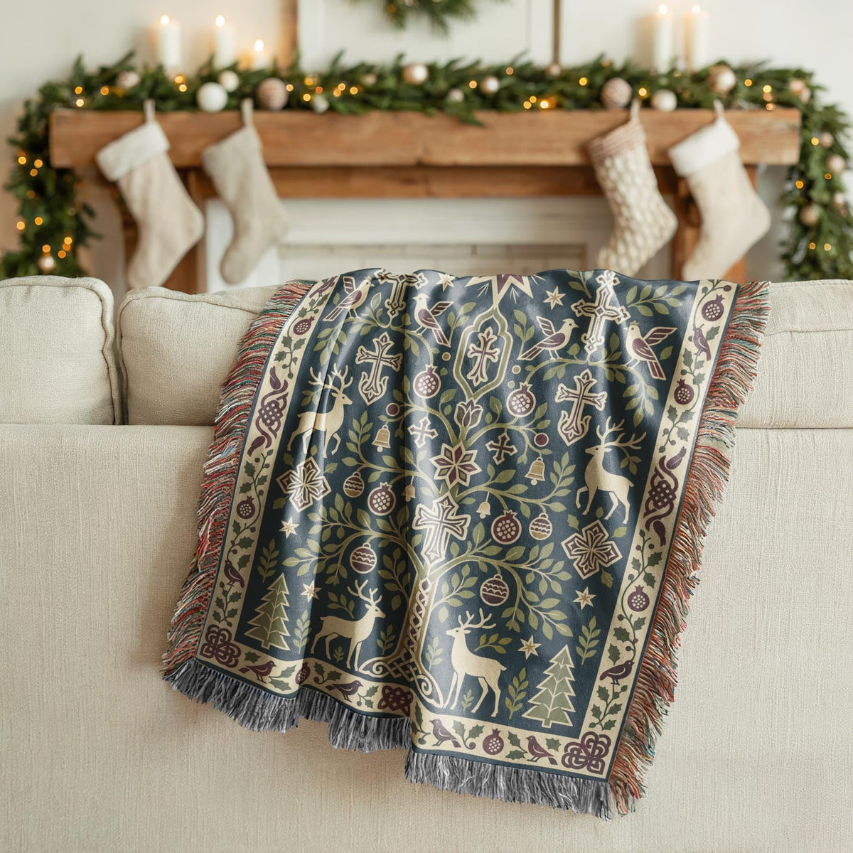 Armenian deer and pomegranate Christmas woven cotton blanket shown in a styled room setting