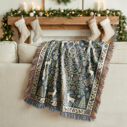 Armenian deer and pomegranate Christmas woven cotton blanket shown in a styled room setting
