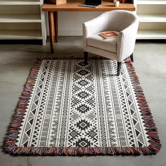 a cozy living room setting with a patterned rug, a white armchair, and a wooden desk with a laptop on it.