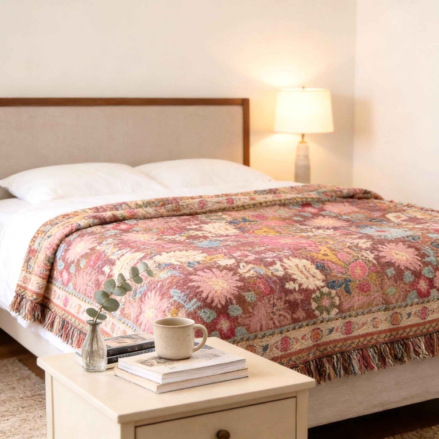 Anatolian Inspired woven blanket with rug-style pattern styled for layered home decor