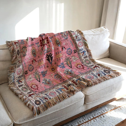 Boho Woven Blanket – Cotton Throw Blanket With Fringed Sofa Cover & Cozy Accent