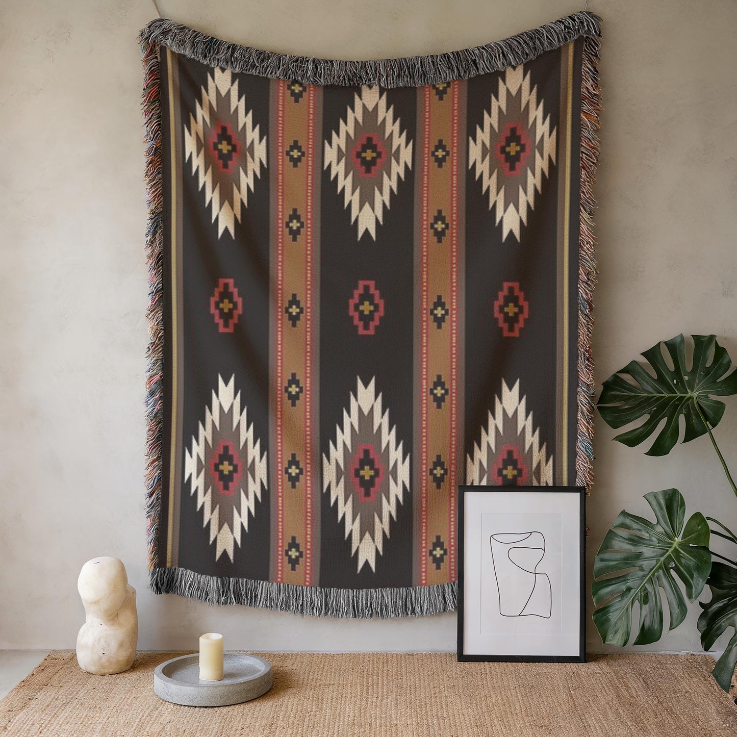 Southwestern woven wall tapestry with geometric pattern styled as textile wall decor